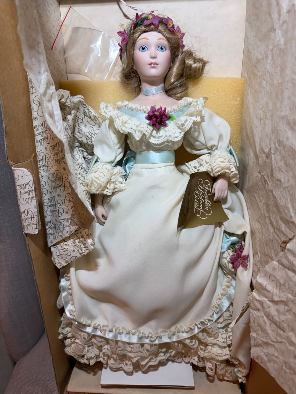 Porcelain Decorative Doll in Cream Dress with Pink Floral Accents